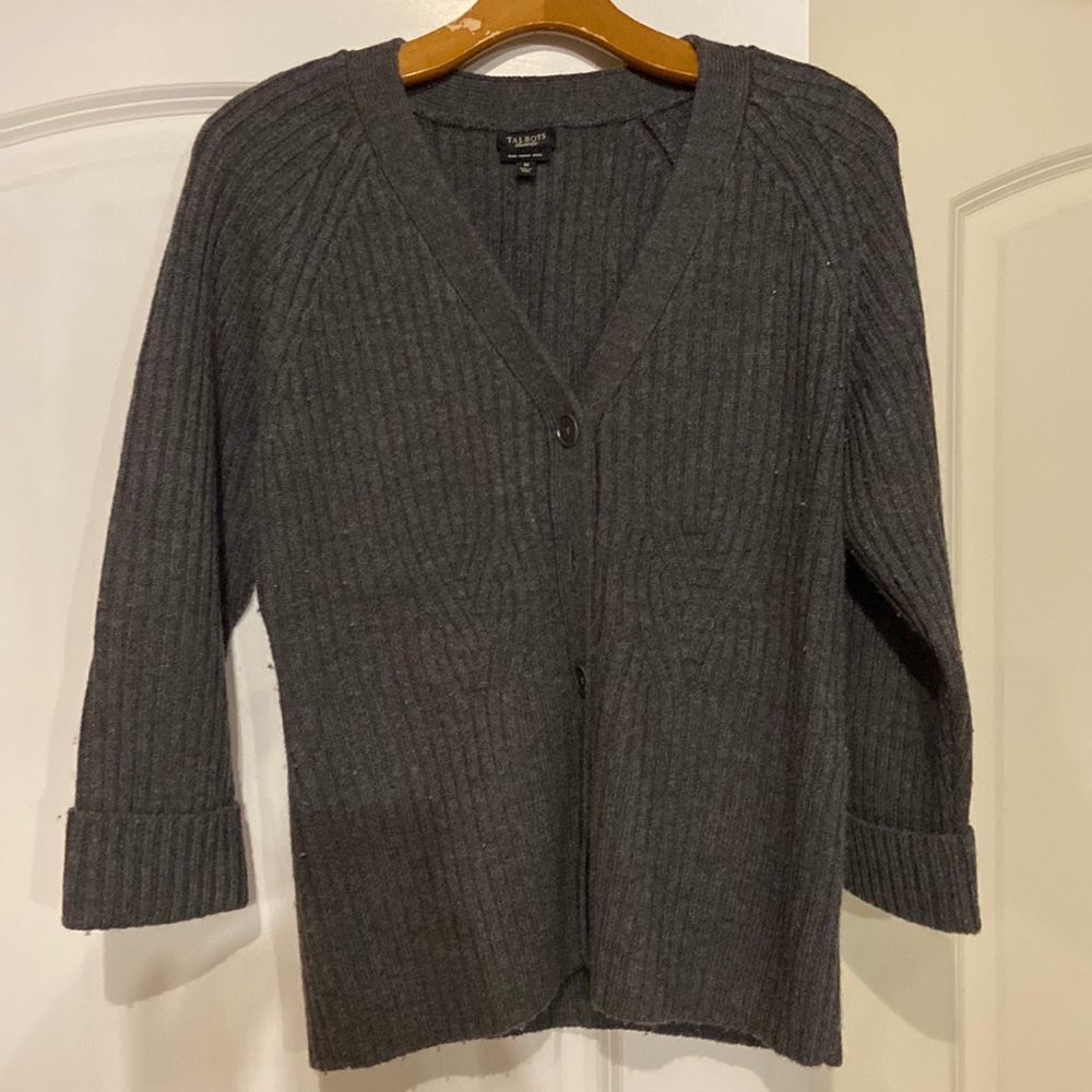Talbots merino wool striped dark grey cardigan